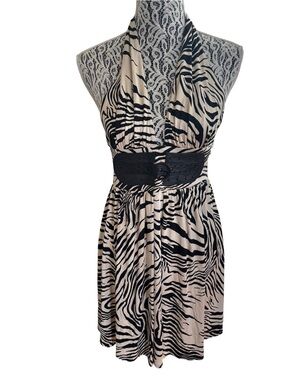 Marciano Zebra Print Halter Dress with Wide Black Belt Detail